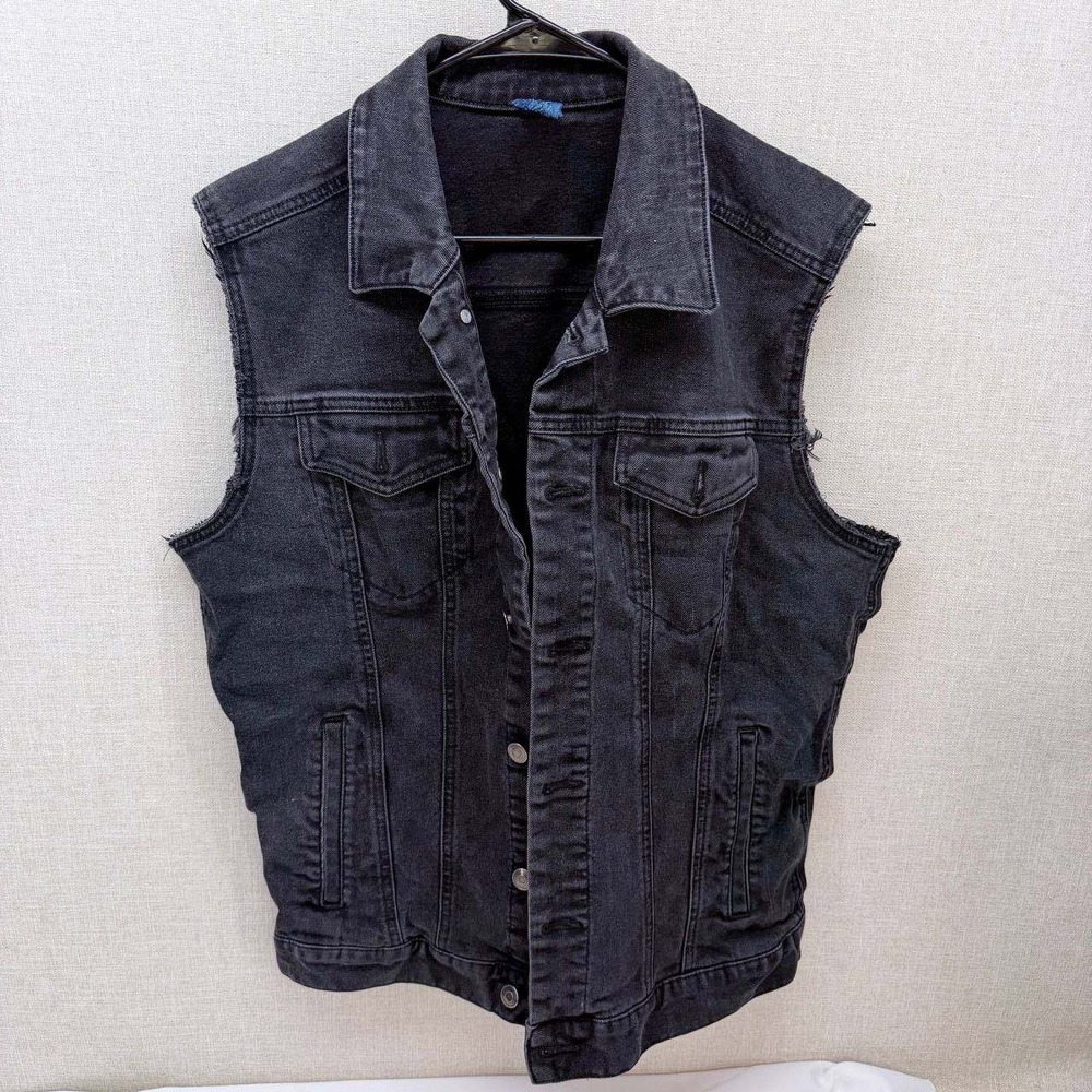 George Mens Black Denim Vest Sleeveless Trucker Jacket M 38-40 Frayed Biker DIY